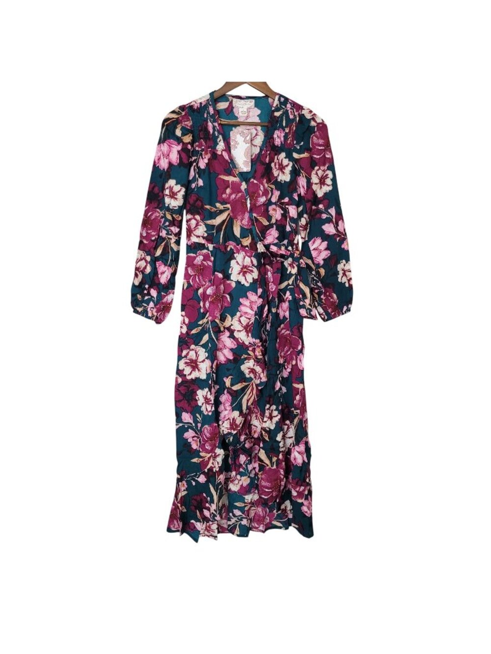 Hand Of The Bee Floral Maxi Dress Size S Pine Plum Long Sleeve Wrap Style NWT